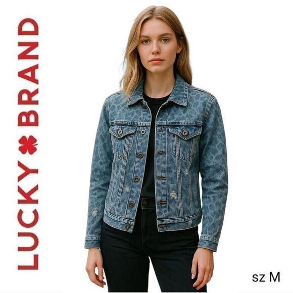 Lucky Brand The Tomboy Trucker Blue Animal Print Distressed Denim Jean Jacket - Picture 1 of 16